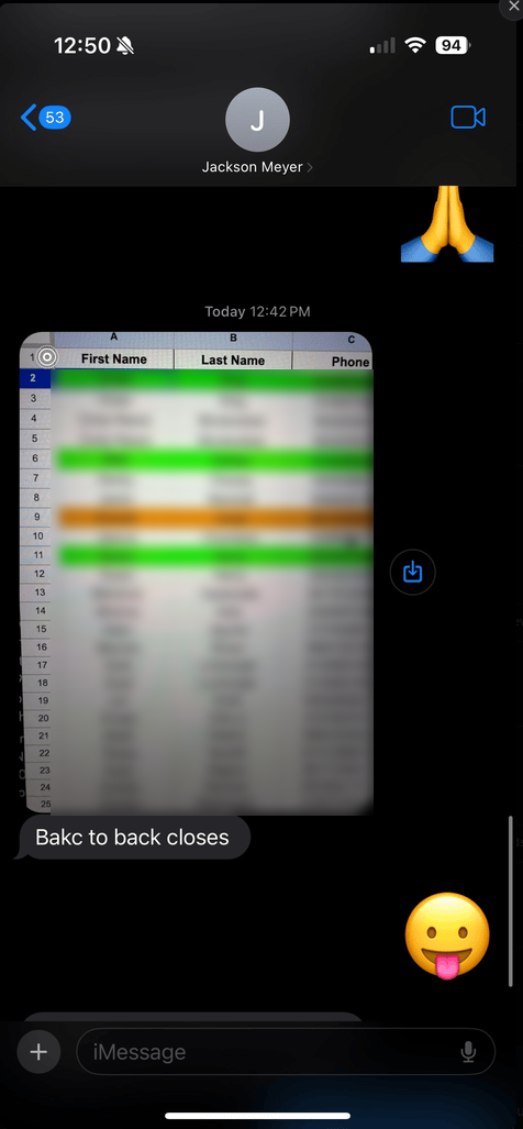 Text message from Jackson M.: Bakc to back closes.